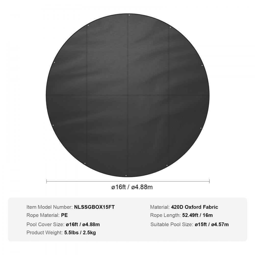 VEVOR 15 Ft Round Pool Cover, Solar Covers for Above Ground Pools, Safety Pool Cover with Drawstring Design, 420D Oxford Fabric Winter Pool Cover, Waterproof and Dustproof, Black
