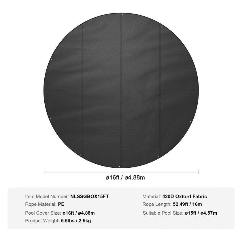 VEVOR 15 Ft Round Pool Cover, Solar Covers for Above Ground Pools, Safety Pool Cover with Drawstring Design, 420D Oxford Fabric Winter Pool Cover, Waterproof and Dustproof, Black