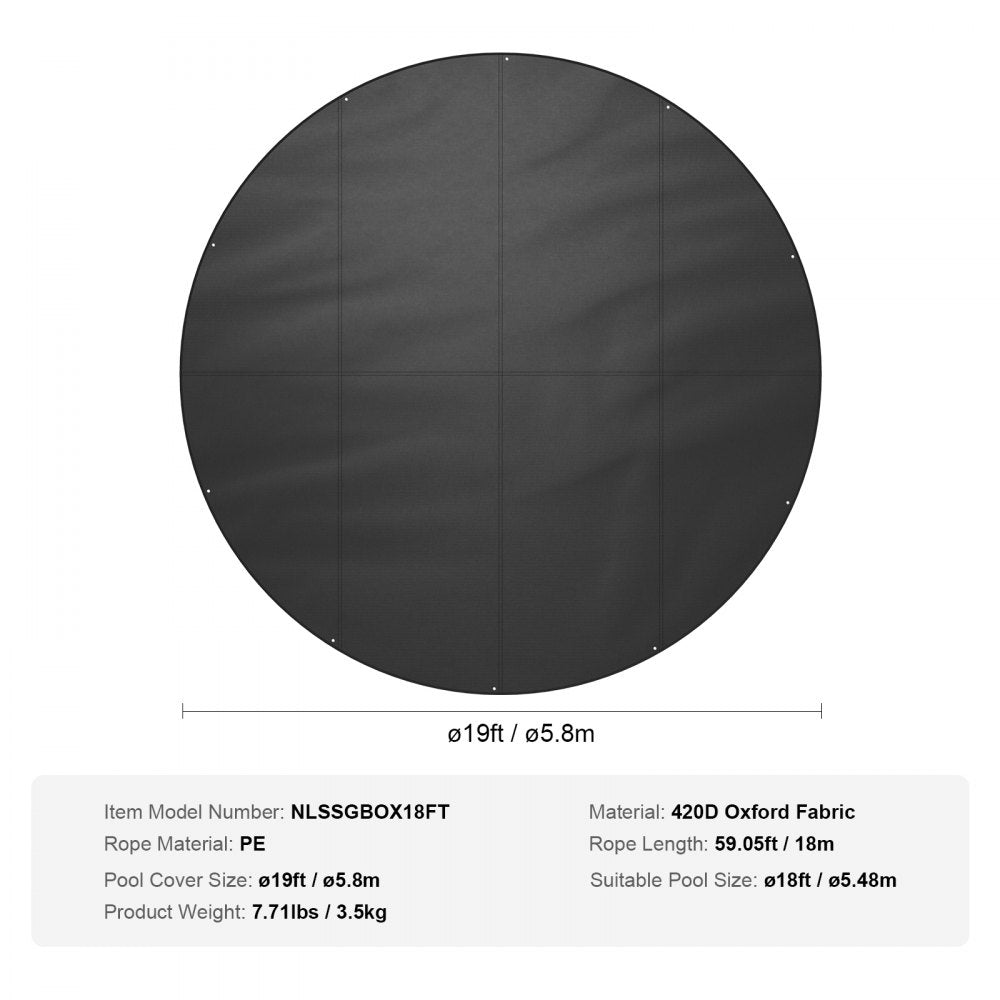 VEVOR 18 Ft Round Pool Cover, Solar Covers for Above Ground Pools, Safety Pool Cover with Drawstring Design, 420D Oxford Fabric Summer Pool Cover, Waterproof and Dustproof, Black