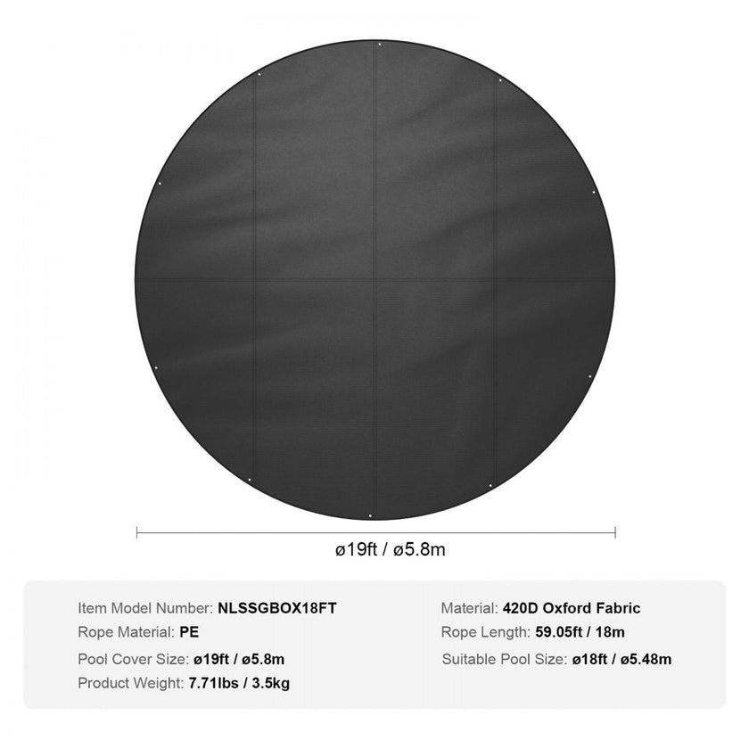 VEVOR 18 Ft Round Pool Cover, Solar Covers for Above Ground Pools, Safety Pool Cover with Drawstring Design, 420D Oxford Fabric Summer Pool Cover, Waterproof and Dustproof, Black