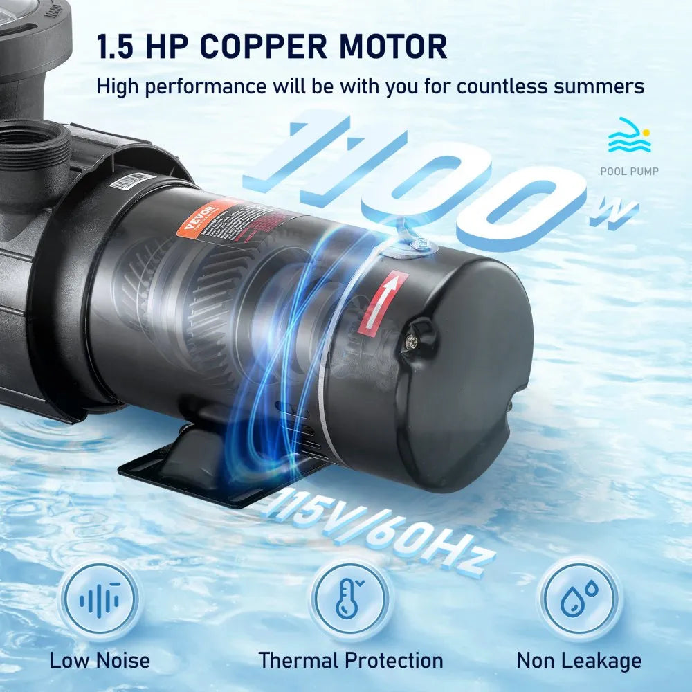 VEVOR Swimming Pool Pump, 1.5 HP 115 V, 1100 W Single Speed Pump for In/Above Ground Pool w/ Strainer Basket, 5280 GPH Max. Flow, Certification of ETL for Security