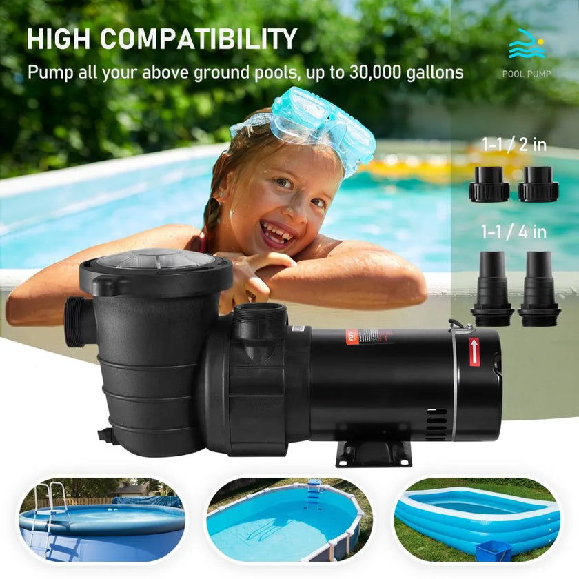 VEVOR Swimming Pool Pump, 1.5 HP 115 V, 1100 W Single Speed Pump for In/Above Ground Pool w/ Strainer Basket, 5280 GPH Max. Flow, Certification of ETL for Security