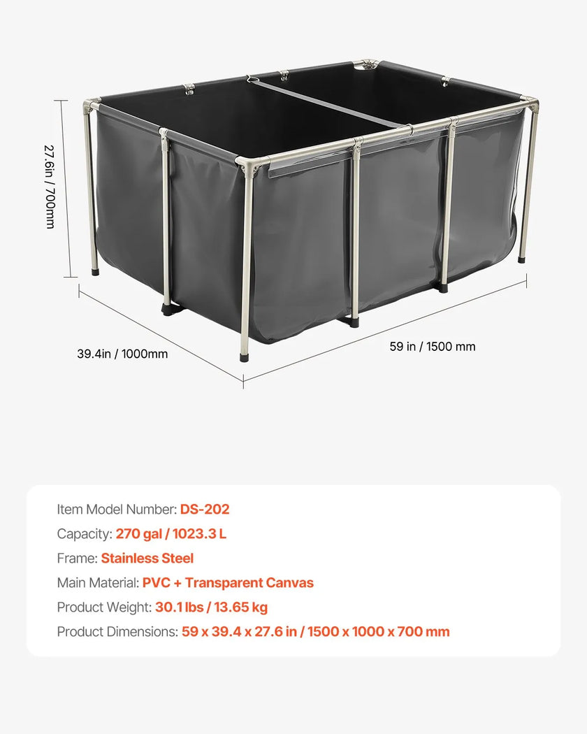 VEVOR Canvas Fish Pond Above Ground Koi Tank 270 Gal with Clear Viewing Panel