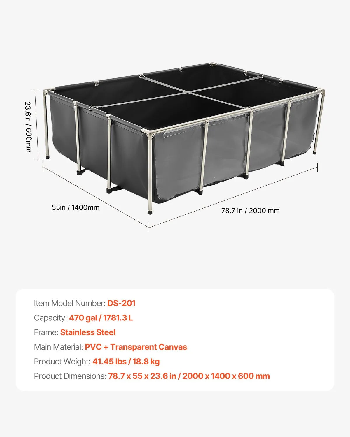 VEVOR Canvas Fish Pond Above Ground Koi Tank 470 Gal with Clear Viewing Panel