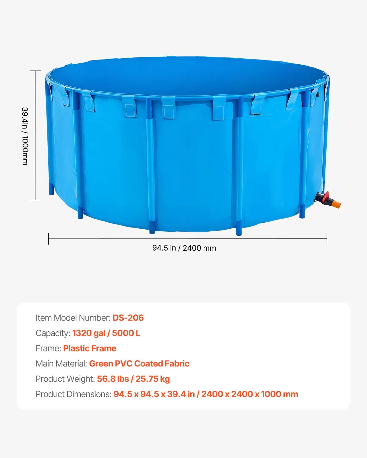 VEVOR Canvas Fish Pond Above Ground Fish Tank 1320 Gal Round Koi Pond (Blue)