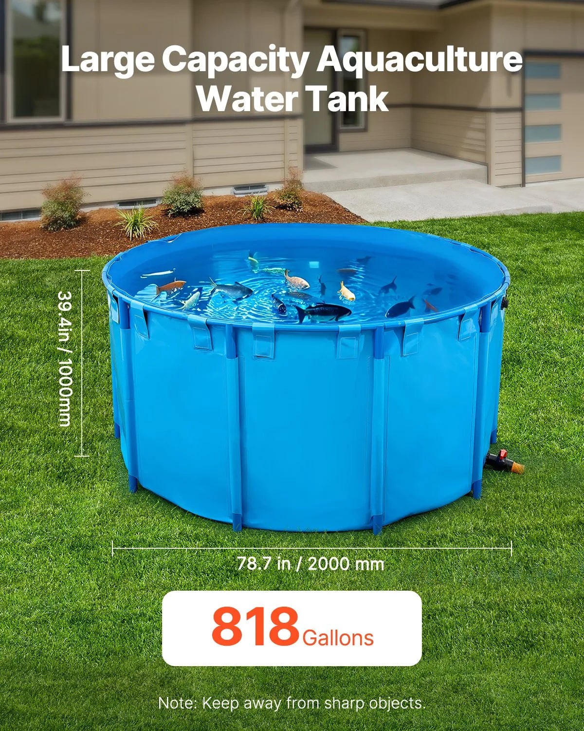 VEVOR Canvas Fish Pond Above Ground Fish Tank 818 Gal Round Koi Pond (Blue)