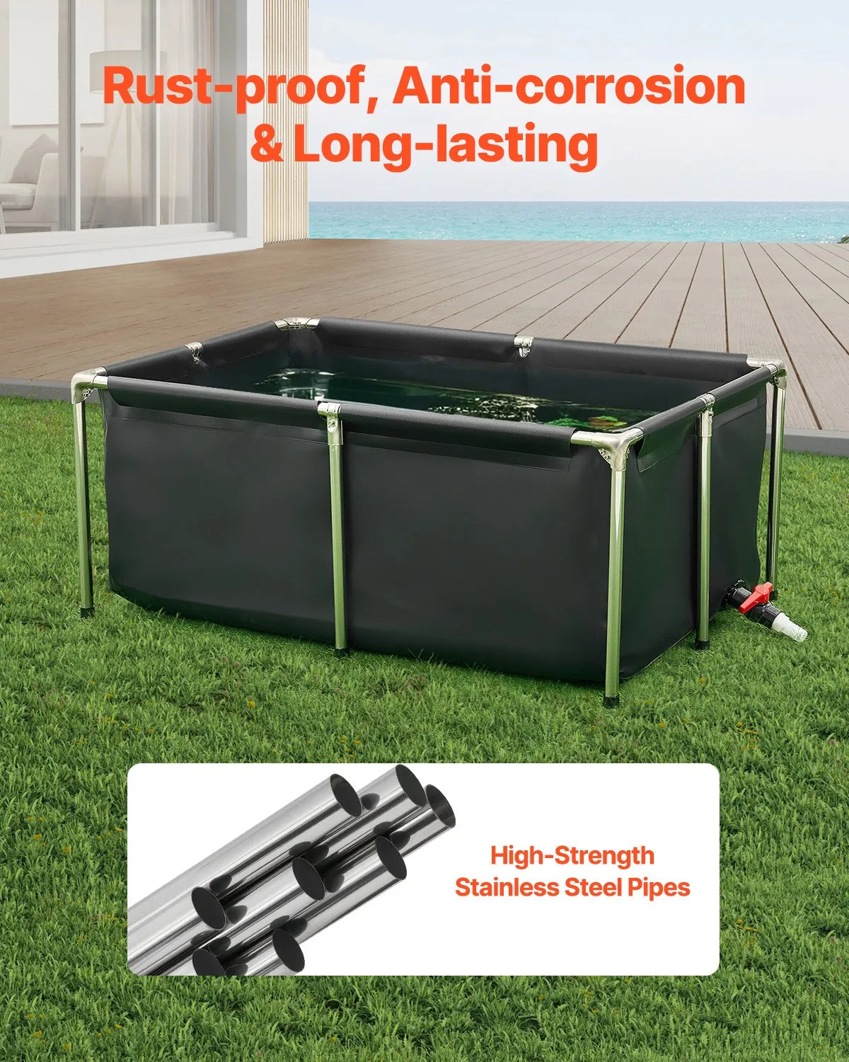 VEVOR Canvas Fish Pond Above Ground Koi Tank 126.8 Gal Rectangular Pond (Black)