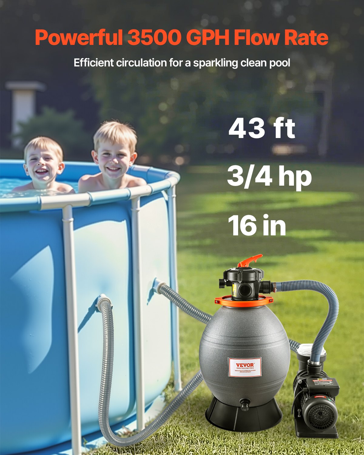VEVOR 16 in Sand Filter Pump for Above Ground Swimming Pools 3/4 HP 3500 GPH