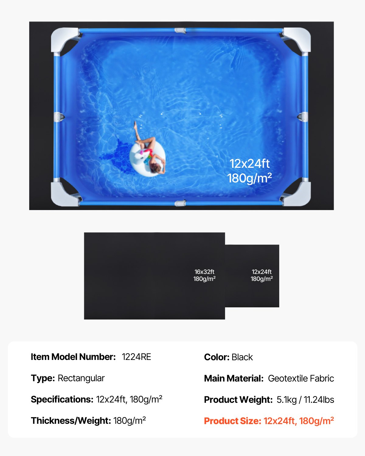 VEVOR 12x24ft Rectangle Pool Liner Pad Heavy Duty Pool Mat Prevent Punctures
