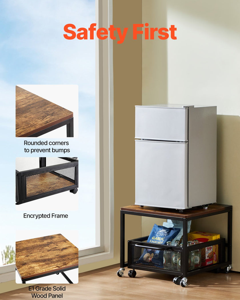 VEVOR Mini Fridge Stand 198lbs with Storage Cart & Swivel Wheels Light Brown