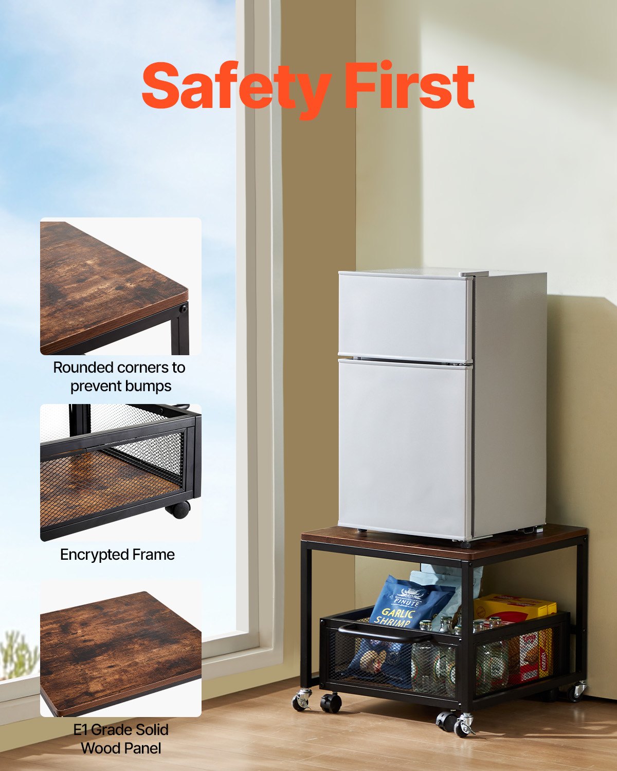 VEVOR Mini Fridge Stand 198lbs with Storage Cart & Swivel Wheels Dark Brown
