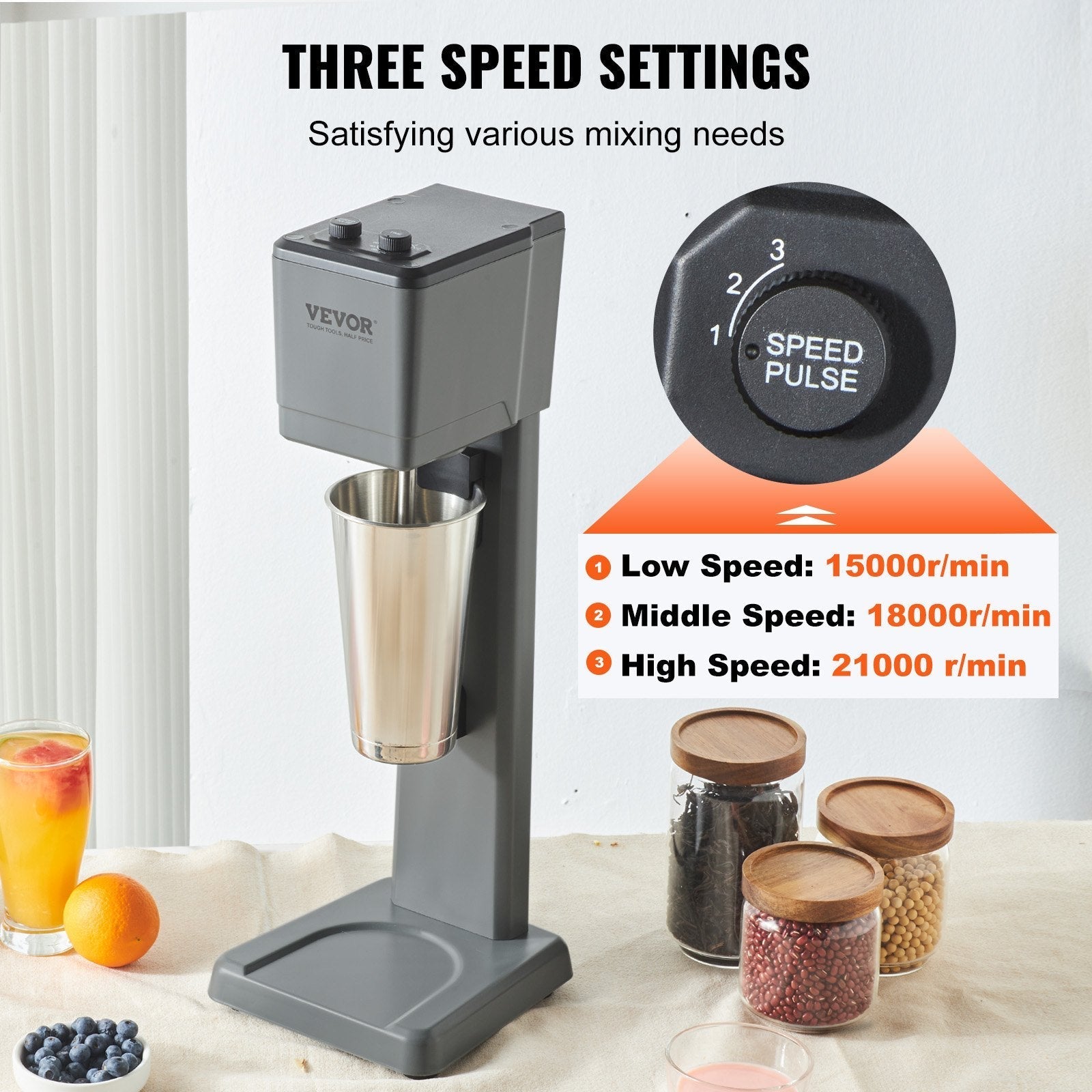 VEVOR Milkshake Maker, 375W Electric Milkshake Machine, Single Head Drink Mixer Blender Machine, 3-Speed Milkshake Mixer with 820 ml Stainless Steel Cup, Milkshake Blender for Commercial and Home
