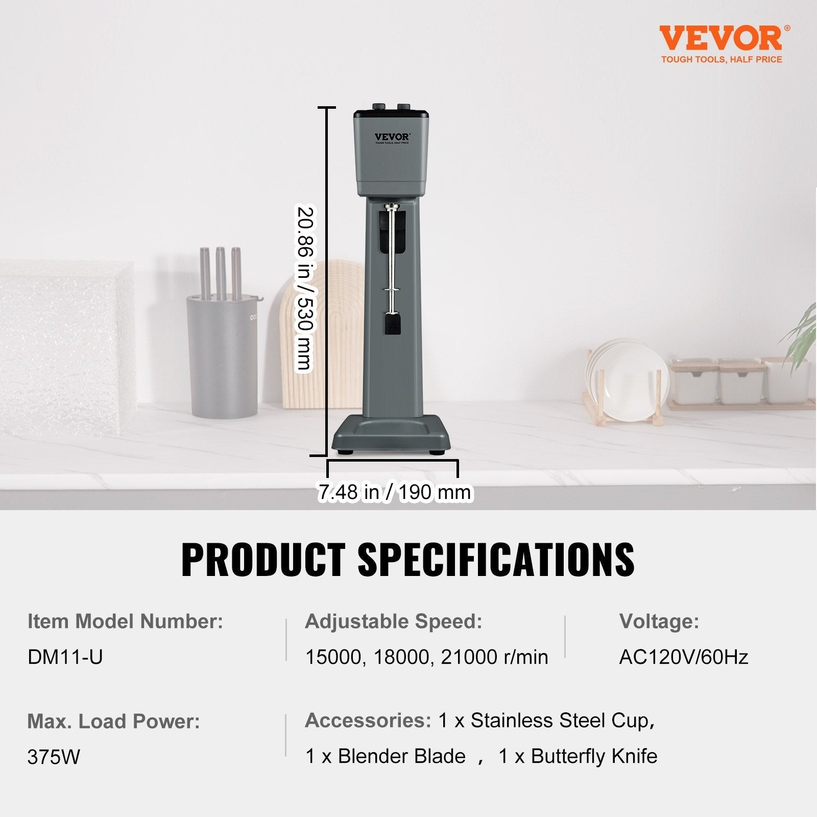 VEVOR Milkshake Maker, 375W Electric Milkshake Machine, Single Head Drink Mixer Blender Machine, 3-Speed Milkshake Mixer with 820 ml Stainless Steel Cup, Milkshake Blender for Commercial and Home