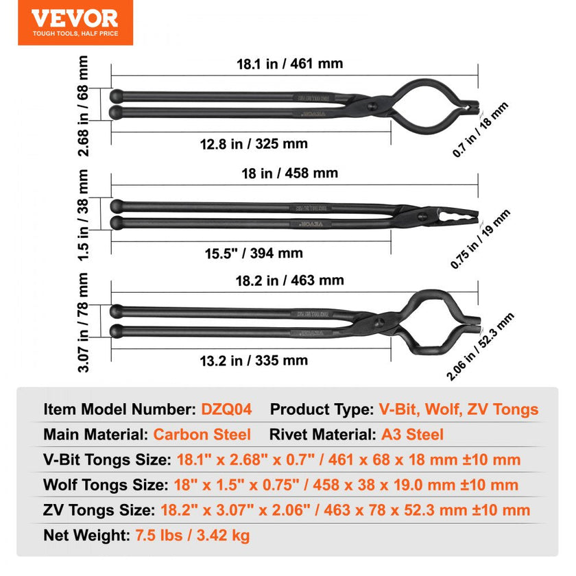 VEVOR Blacksmith Tongs, 18” 3 PCS, V-Bit Bolt Tongs, Wolf Jaw Tongs and Z V-Bit Tongs, Carbon Steel Forge Tongs with A3 Steel Rivets, for Beginner and Seasoned Blacksmiths, Bladesmiths and Craftsmen