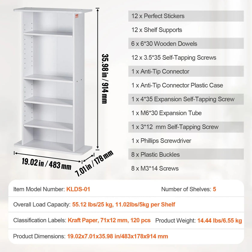 VEVOR Media Storage Cabinet 5 Layers Adjustable DVD Shelves Holds 240 CDs White