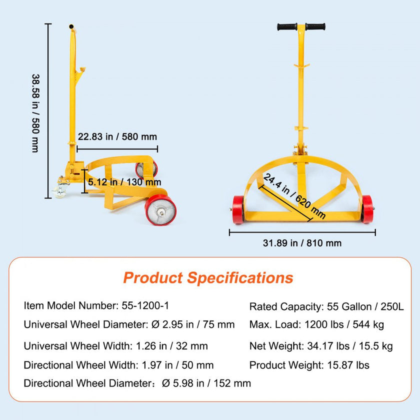 VEVOR 55 Gallon Drum Dolly, 1200 lbs Load Capacity, Barrel Dolly Cart Drum Caddy Round Dolly Steel Low Profile, Heavy Duty Steel Frame with Adjustable Handle 3 Wheels, for Workshop Factory Warehouse