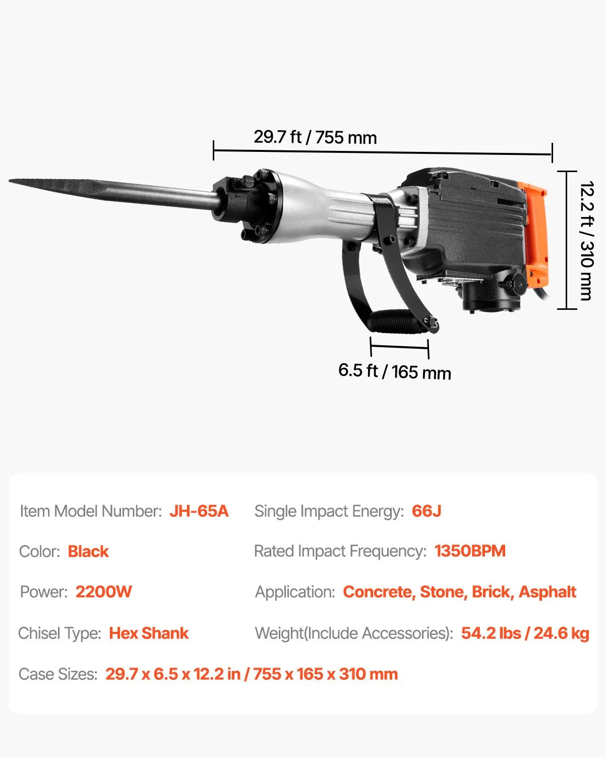 VEVOR Demolition Jack Hammer, 2200W Jack Hammer Concrete Breaker, 1350 BPM Heavy Duty Electric Jack Hammer, 4pcs Chisels Bit with Case, Black