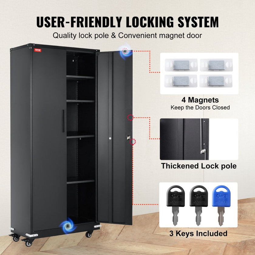 VEVOR Metal Storage Cabinet with Wheels, 75 in Locking Cabinet with 4 Adjustable Shelves & 2 Magnetic Doors, 200 lbs Capacity per Shelf, Metal Cabinet with 3 Keys for Office, Garage, Home, Black