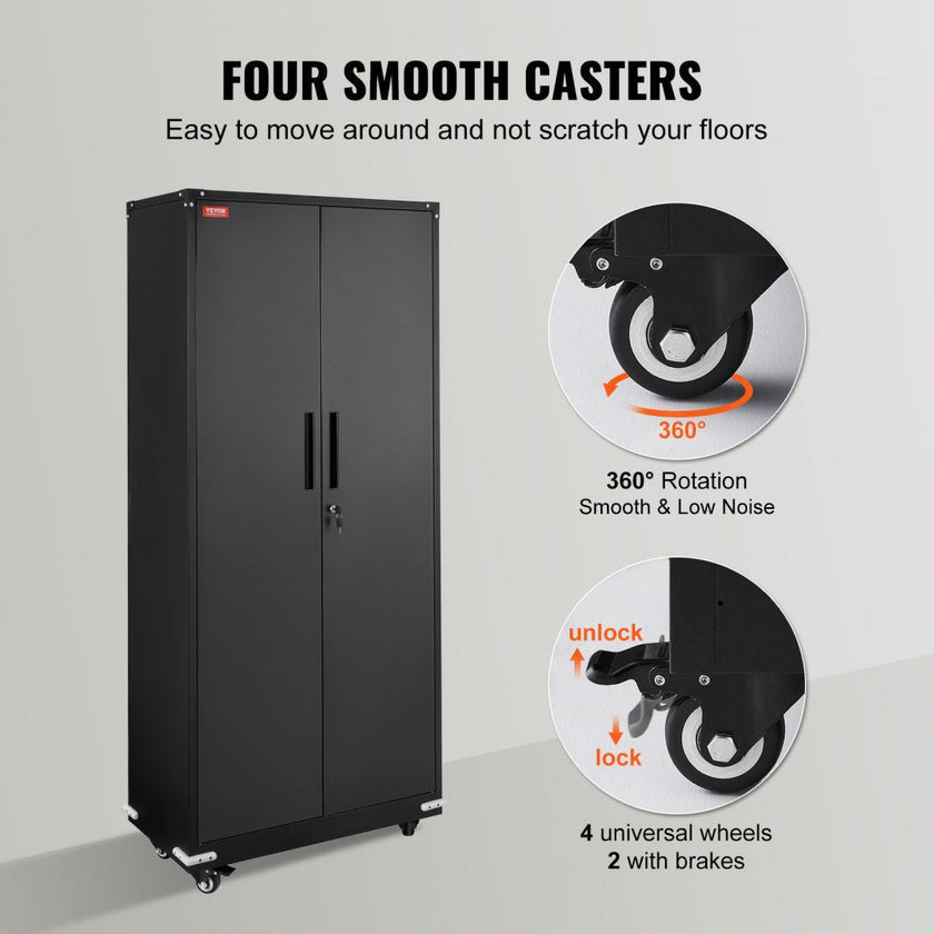 VEVOR Metal Storage Cabinet with Wheels, 75 in Locking Cabinet with 4 Adjustable Shelves & 2 Magnetic Doors, 200 lbs Capacity per Shelf, Metal Cabinet with 3 Keys for Office, Garage, Home, Black