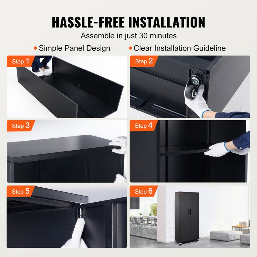 VEVOR Metal Storage Cabinet with Wheels, 75 in Locking Cabinet with 4 Adjustable Shelves & 2 Magnetic Doors, 200 lbs Capacity per Shelf, Metal Cabinet with 3 Keys for Office, Garage, Home, Black