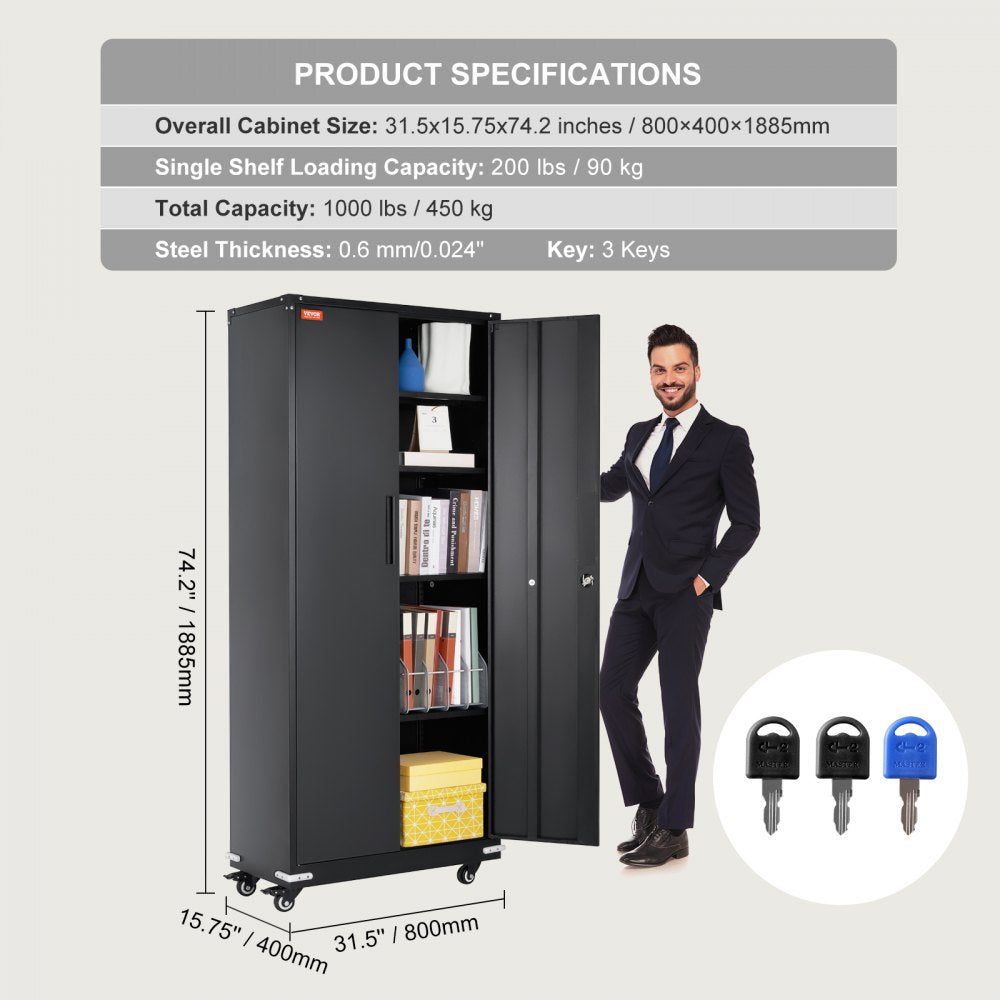 VEVOR Metal Storage Cabinet with Wheels, 75 in Locking Cabinet with 4 Adjustable Shelves & 2 Magnetic Doors, 200 lbs Capacity per Shelf, Metal Cabinet with 3 Keys for Office, Garage, Home, Black