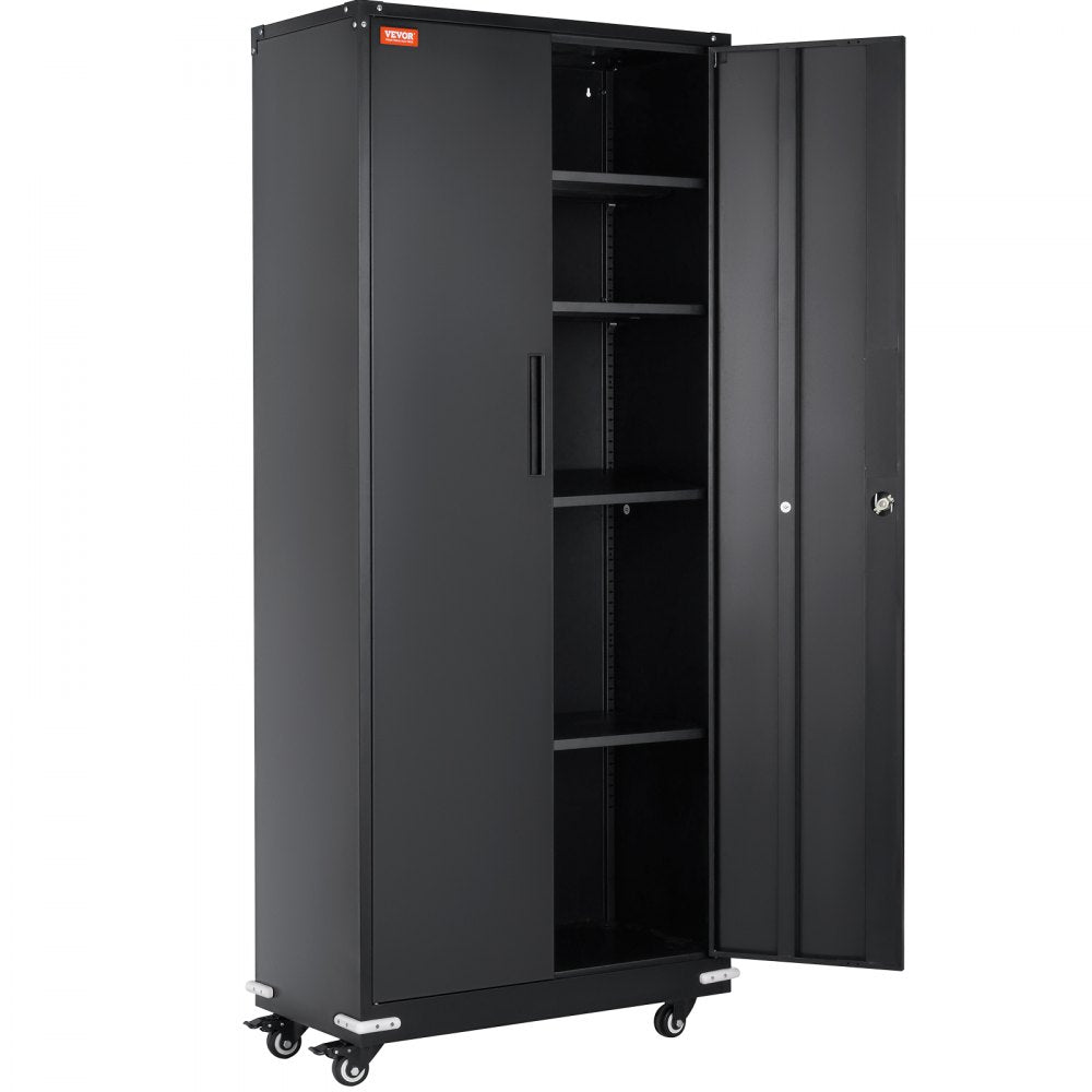 VEVOR Metal Storage Cabinet with Wheels, 75 in Locking Cabinet with 4 Adjustable Shelves & 2 Magnetic Doors, 200 lbs Capacity per Shelf, Metal Cabinet with 3 Keys for Office, Garage, Home, Black