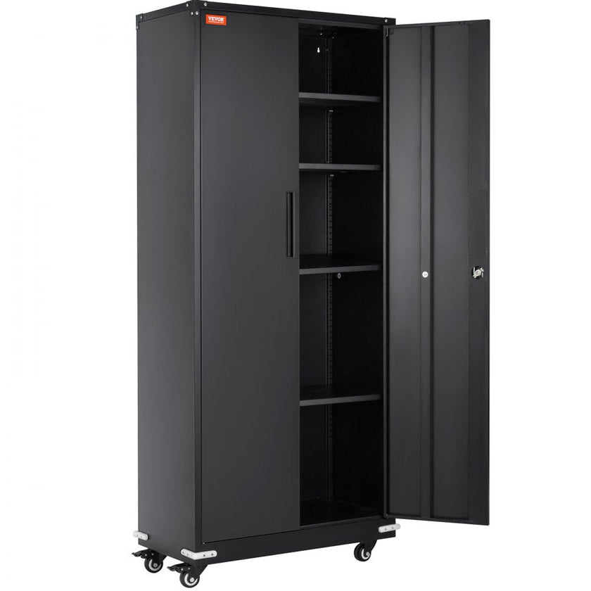 VEVOR Metal Storage Cabinet with Wheels, 75 in Locking Cabinet with 4 Adjustable Shelves & 2 Magnetic Doors, 200 lbs Capacity per Shelf, Metal Cabinet with 3 Keys for Office, Garage, Home, Black