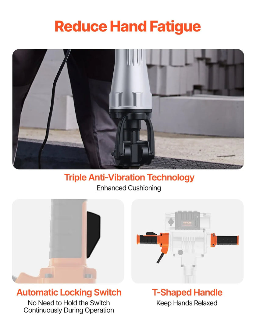 VEVOR Demolition Jack Hammer Concrete Breaker 2100W Electric Hammer 2 Chisel Bit