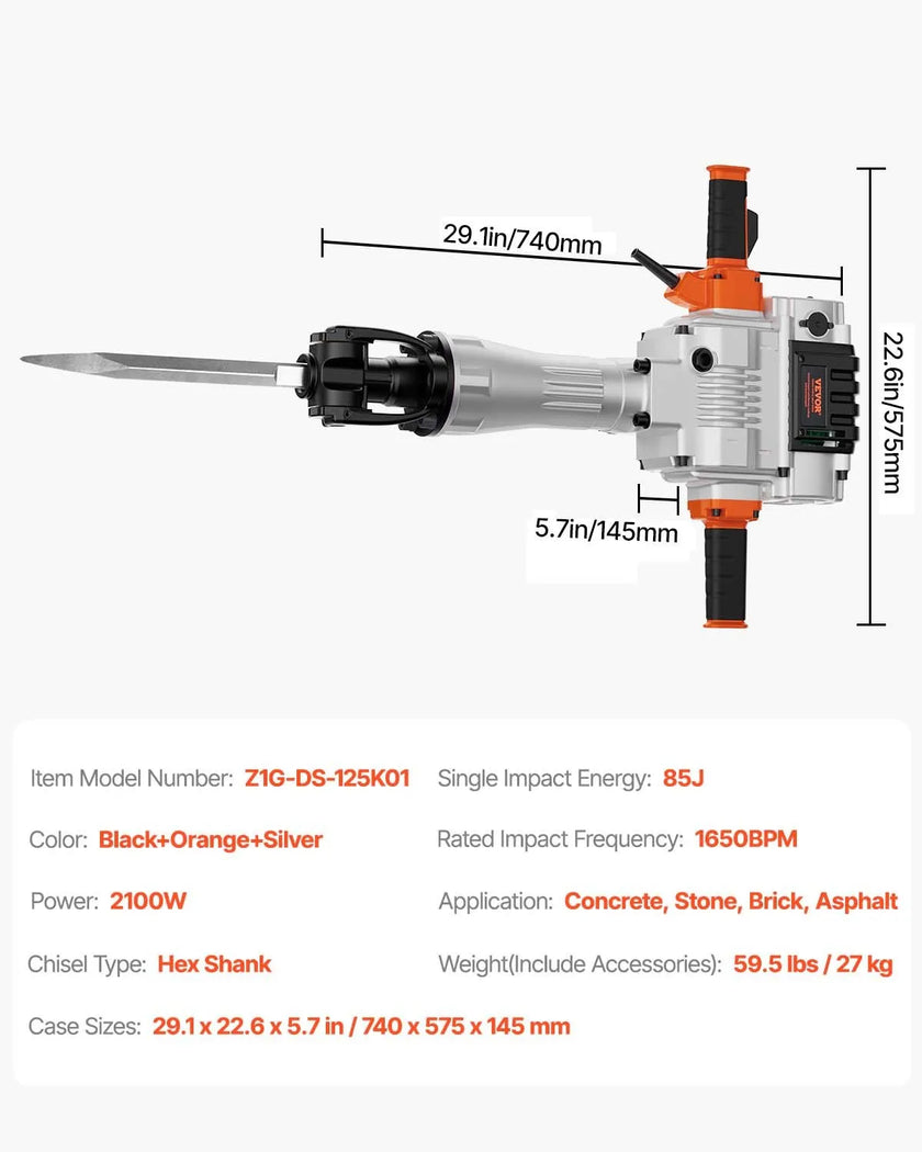 VEVOR Demolition Jack Hammer Concrete Breaker 2100W Electric Hammer 2 Chisel Bit