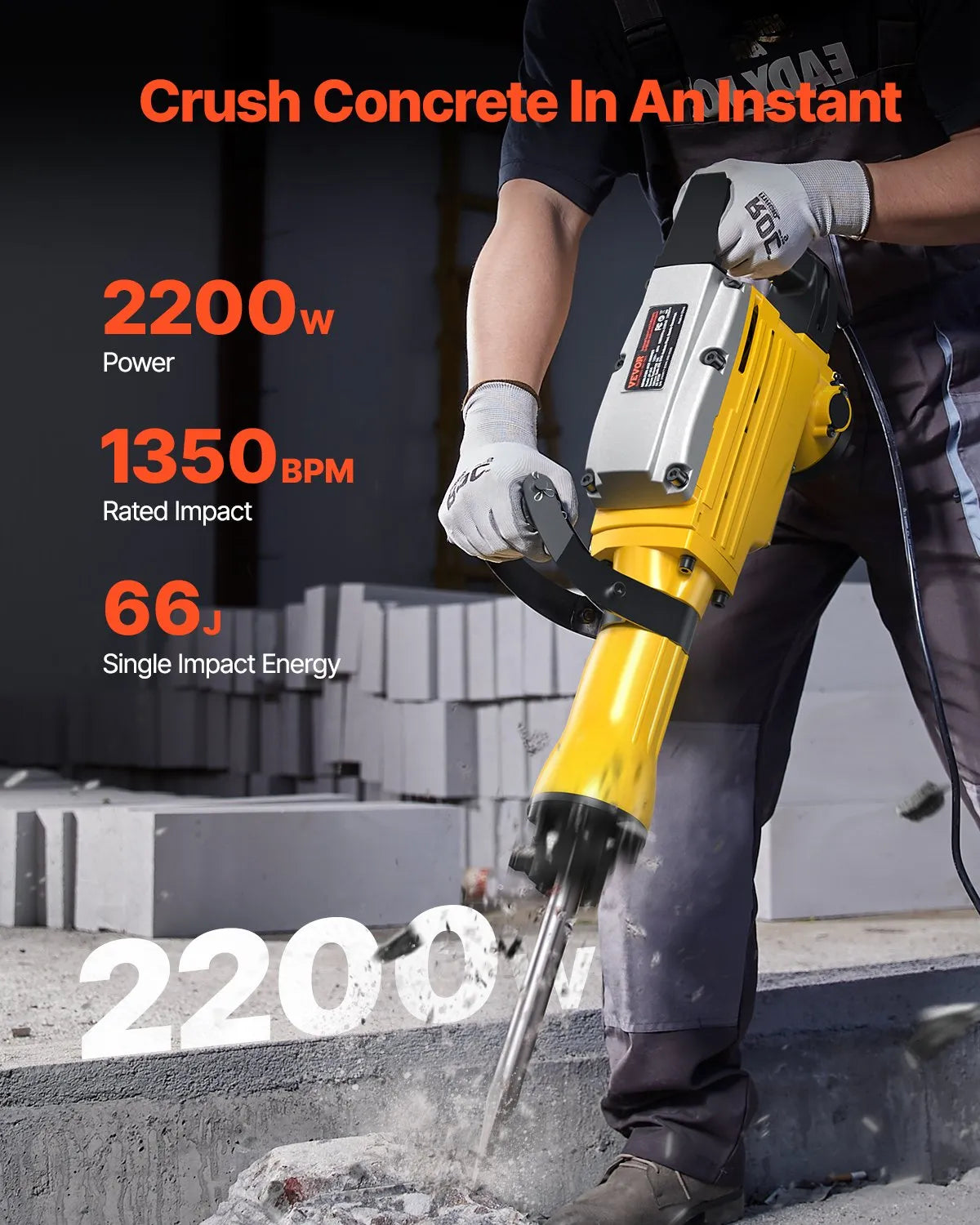 VEVOR Demolition Jack Hammer Concrete Breaker 2200W Electric Hammer 4 Chisel Bit