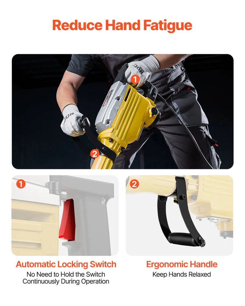 VEVOR Demolition Jack Hammer Concrete Breaker 2200W Electric Hammer 4 Chisel Bit