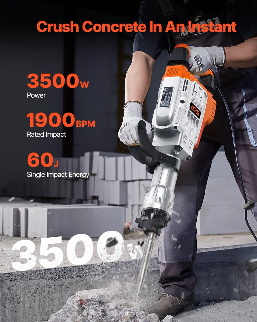VEVOR Demolition Jack Hammer, 3500W Jack Hammer Concrete Breaker, 1900 BPM Heavy Duty Electric Jack Hammer, 2pcs Chisel with Gloves & 360°C Swiveling Front Handle for Trenching, Black