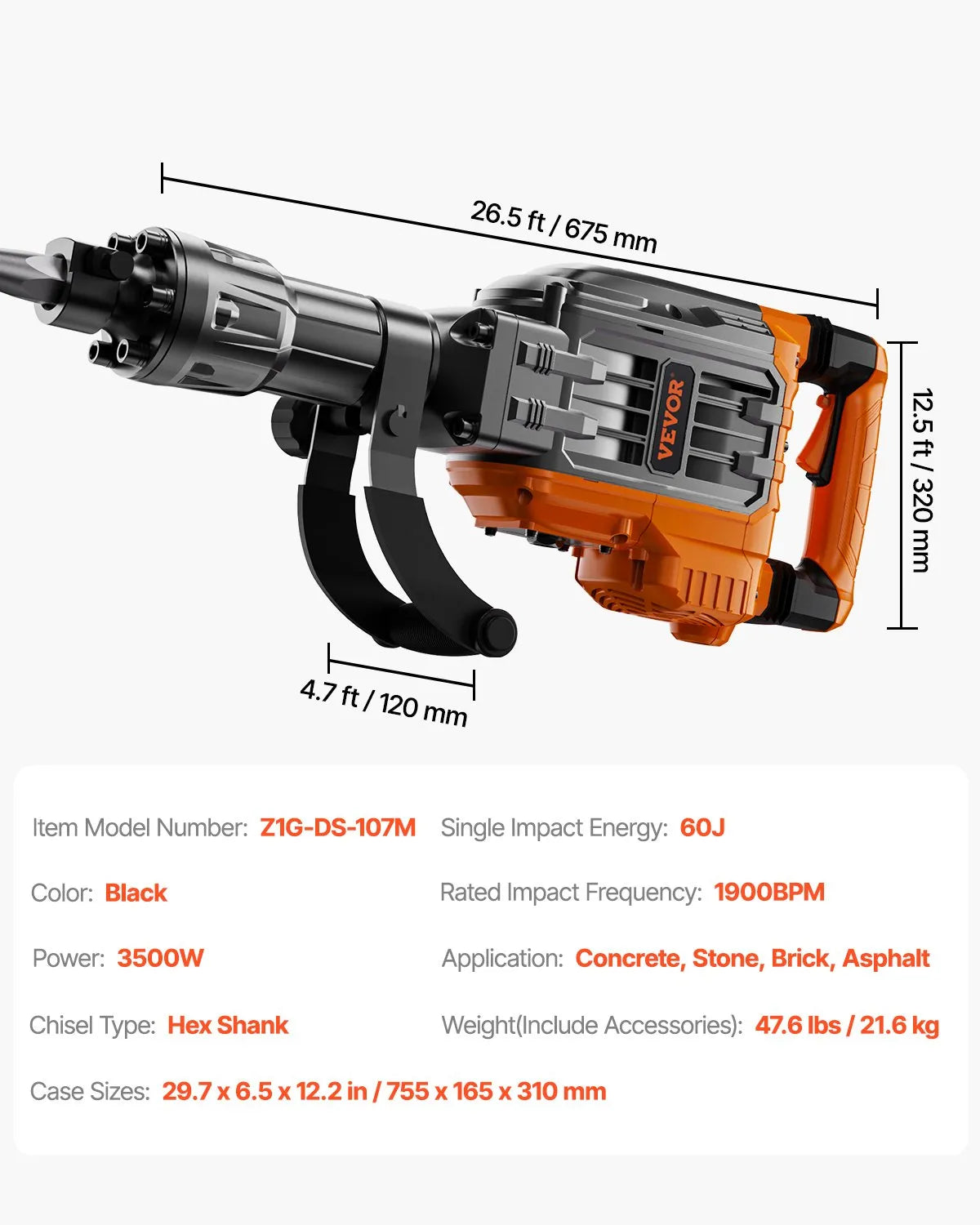 VEVOR Demolition Jack Hammer, 3500W Jack Hammer Concrete Breaker, 1900 BPM Heavy Duty Electric Jack Hammer, 2pcs Chisel with Gloves & 360°C Swiveling Front Handle for Trenching, Black