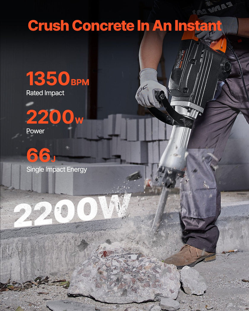 VEVOR Demolition Jack Hammer, 2200W Electric Jackhammer Heavy Duty, 1350 BPM Concrete Breaker 6pcs Chisels Bit Chipping with Case, Black