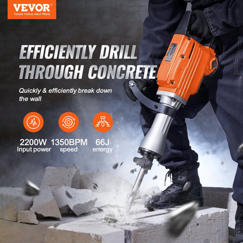 VEVOR Demolition Jack Hammer 2200W Jack Hammer Concrete Breaker 1400 BPM Heavy Duty Electric Jack Hammer 6pcs Chisels Bit w/Gloves & 360°C Swiveling Front Handle for Trenching and Breaking Holes