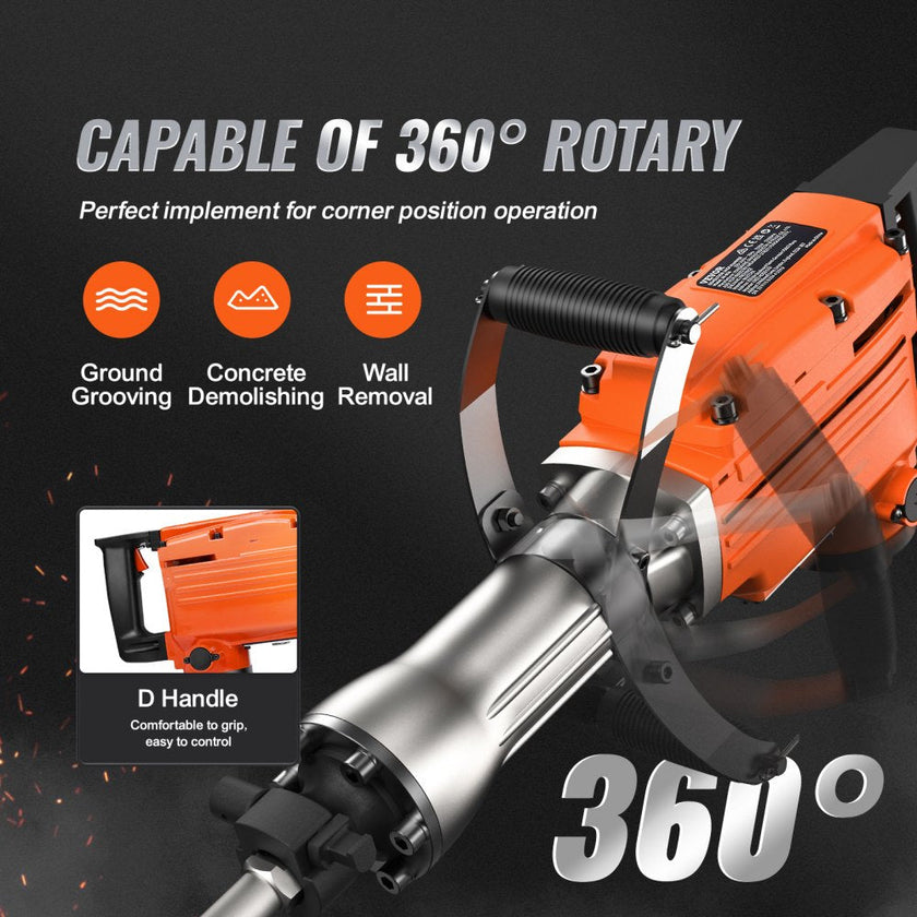 VEVOR Demolition Jack Hammer 2200W Jack Hammer Concrete Breaker 1400 BPM Heavy Duty Electric Jack Hammer 6pcs Chisels Bit w/Gloves & 360°C Swiveling Front Handle for Trenching and Breaking Holes