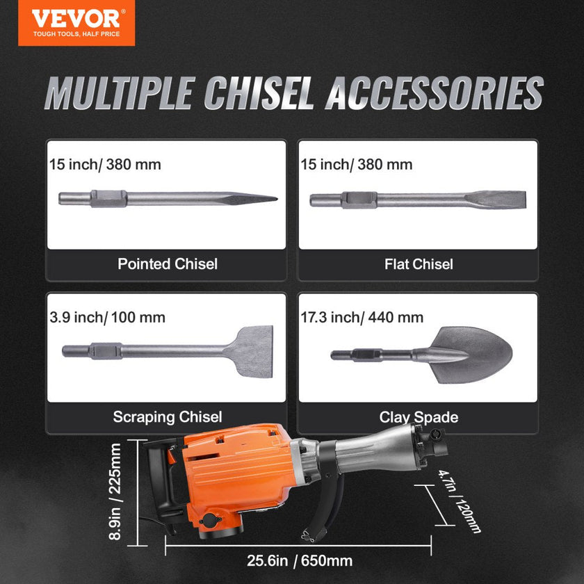 VEVOR Demolition Jack Hammer 2200W Jack Hammer Concrete Breaker 1400 BPM Heavy Duty Electric Jack Hammer 6pcs Chisels Bit w/Gloves & 360°C Swiveling Front Handle for Trenching and Breaking Holes