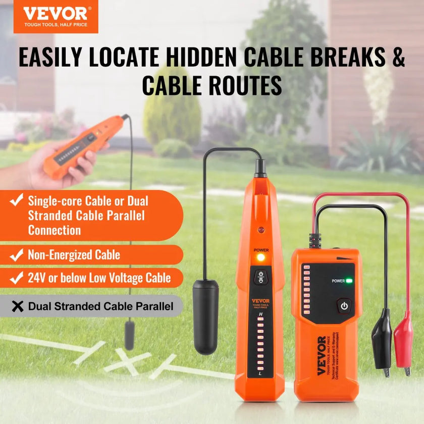 VEVOR Underground Cable Locator, 3 FT Max. Detection Depth, 12 to 600V (NVC) Wire Tracer Break Detector Finder, 6561 FT Max.Detection Length for Electrical Circuits Pipelines Dog Fence Buried Cables