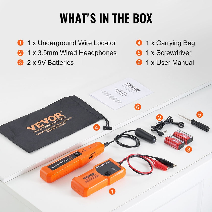 VEVOR Underground Cable Locator, 3 FT Max. Detection Depth, Wire Tracer Break Detector Finder with Earphone, 1000 FT Max.Detection Length Cable Tester for Pet Fence Buried Sprinkler Valve Irrigation