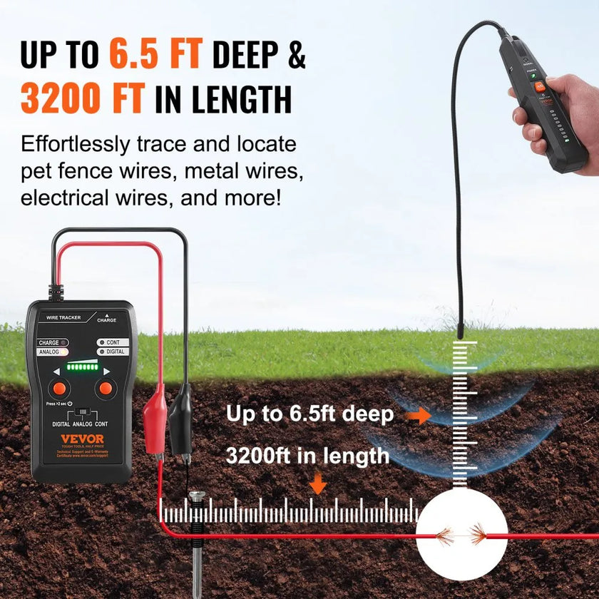 VEVOR Underground Cable Locator, 3 FT Max. Detection Depth, 12 to 600V (NVC) Wire Tracer Break Detector Finder, 6561 FT Max.Detection Length for Electrical Circuits Pipelines Dog Fence Buried Cables