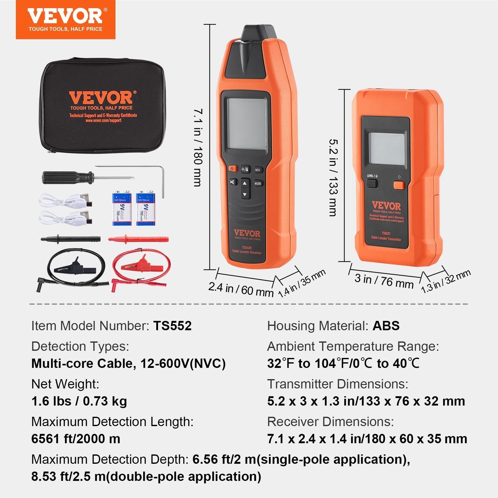 VEVOR Underground Cable Locator, 3 FT Max. Detection Depth, 12 to 600V (NVC) Wire Tracer Break Detector Finder, 6561 FT Max.Detection Length for Electrical Circuits Pipelines Dog Fence Buried Cables