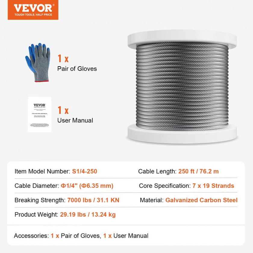 VEVOR Carbon Steel Cable 1/4