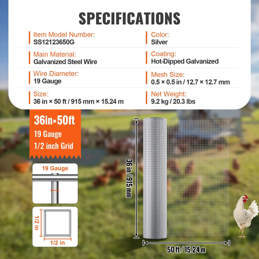 VEVOR Hardware Cloth, 1/2 inch 36in x 50 ft 19 Gauge, Hot Dipped Galvanized Wire Mesh Roll, Chicken Wire Fencing, Wire Mesh for Rabbit Cages, Garden, Small Rodents