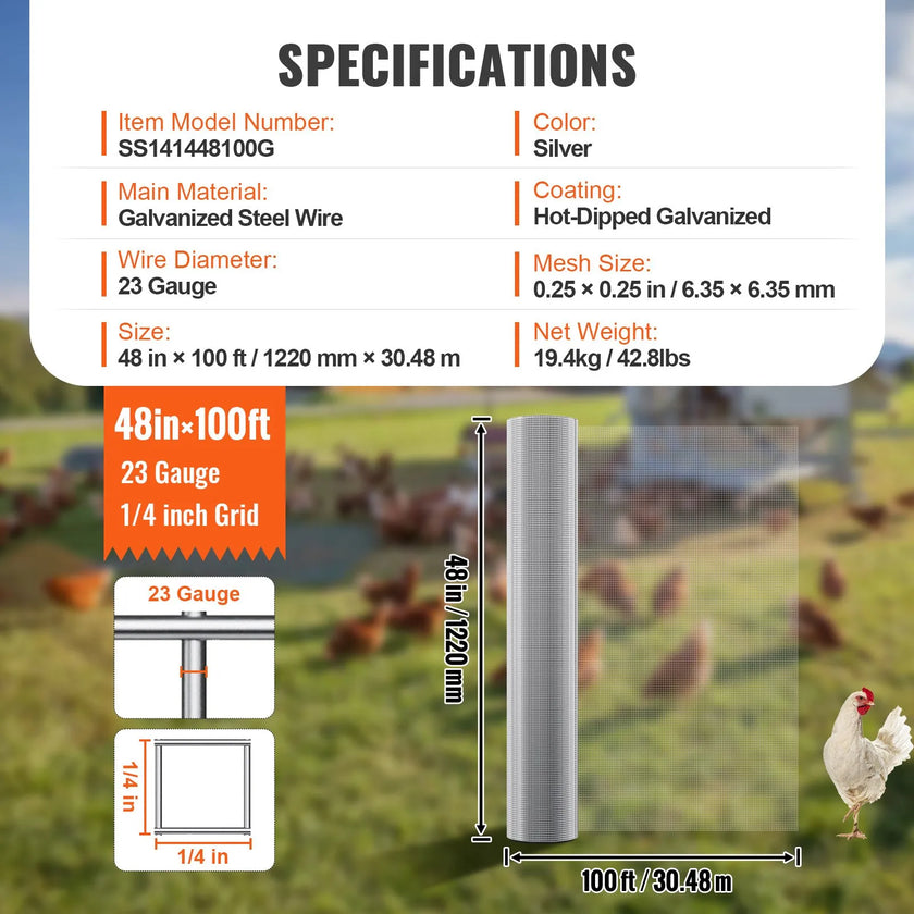 VEVOR Hardware Cloth, 1/4 inch 48in x 100 ft 23 Gauge, Hot Dipped Galvanized Wire Mesh Roll, Chicken Wire Fencing, Wire Mesh for Rabbit Cages, Garden, Small Rodents