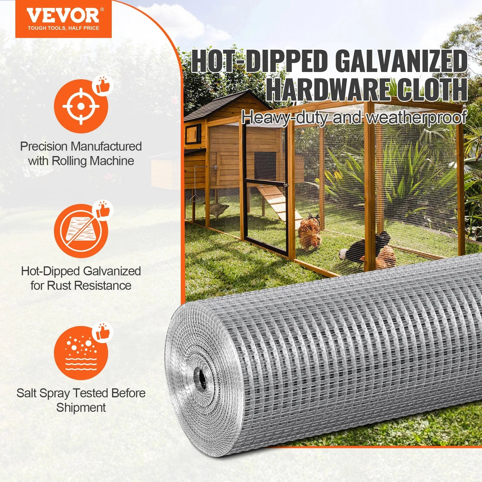 VEVOR Hardware Cloth, 1/4 inch 48in x 100 ft 23 Gauge, Hot Dipped Galvanized Wire Mesh Roll, Chicken Wire Fencing, Wire Mesh for Rabbit Cages, Garden, Small Rodents