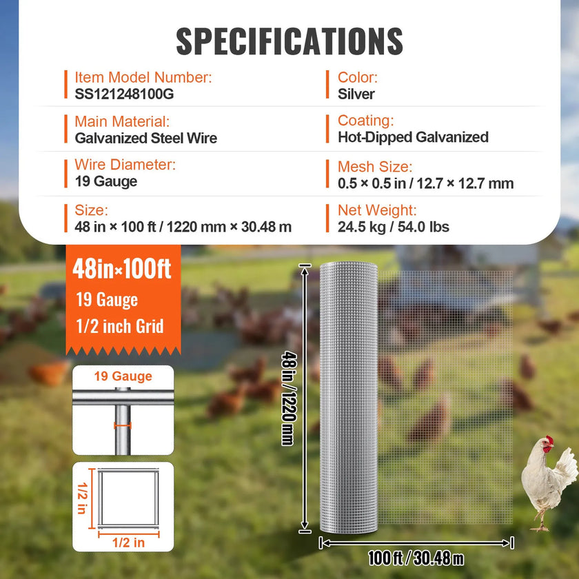 VEVOR Hardware Cloth, 1/4 inch 48in x 100 ft 23 Gauge, Hot Dipped Galvanized Wire Mesh Roll, Chicken Wire Fencing, Wire Mesh for Rabbit Cages, Garden, Small Rodents
