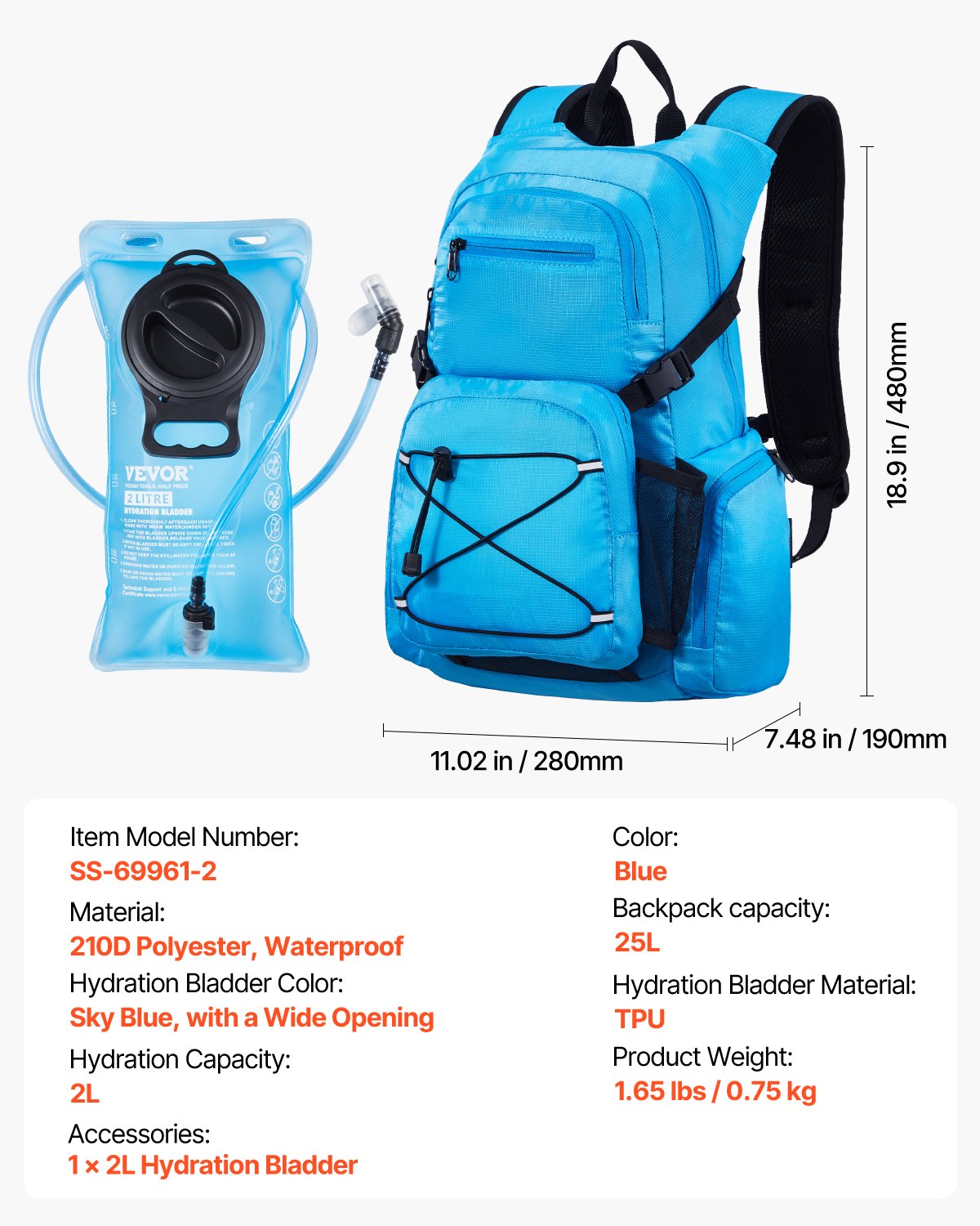 VEVOR Hydration Pack Backpack 2L TPU Water Bladder biking Hiking Running Camping