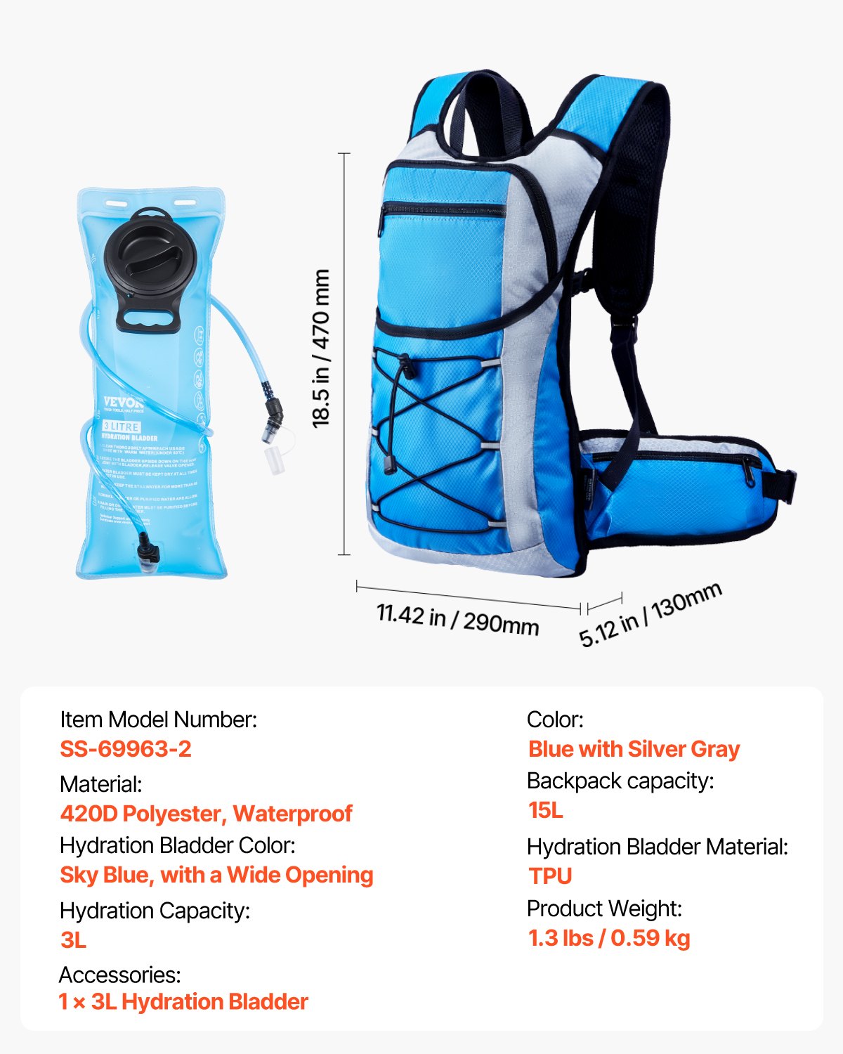 VEVOR Hydration Pack Backpack 3L TPU Water Bladder biking Hiking Running Camping