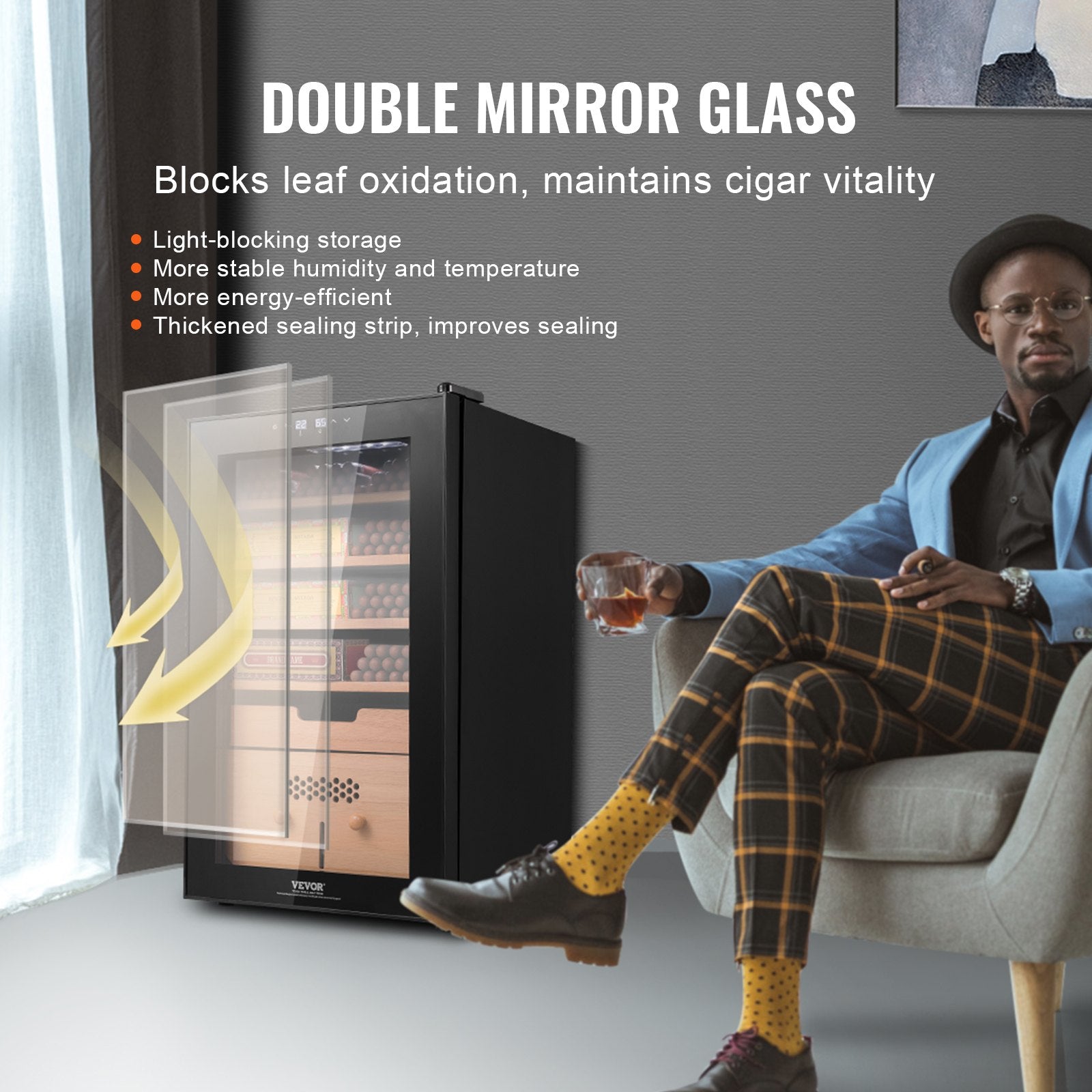 VEVOR Electric Cigar Humidor, 400 Count Cigar Humidor Cabinet with Cooling, Heating & Humidity Control, 5 Layer Spanish Cedar Wood & Double Mirror Glass Cigar Humidor, Gift for Men