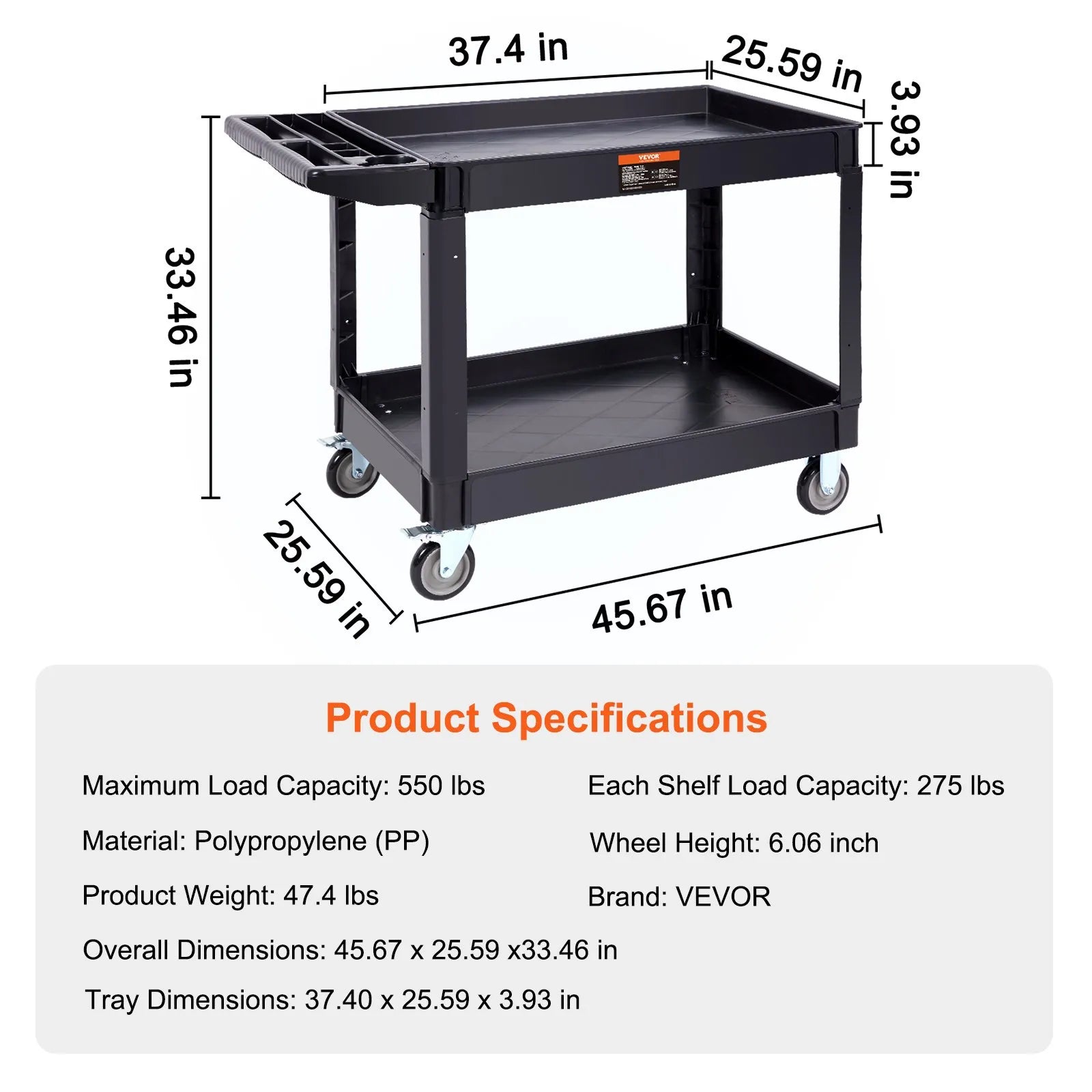 VEVOR Utility Service Cart 2 Shelf 550LBS 360° Swivel Wheels (2 with Brakes)